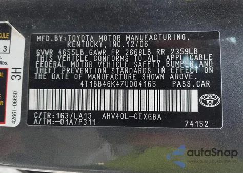 2007 Toyota Camry Hybrid z USA, uszkodzony, nr VIN 4T1BB46K47U004165